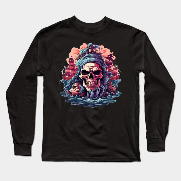 Pirate Ship Pirate Skull Long Sleeve T-Shirt by Nightarcade